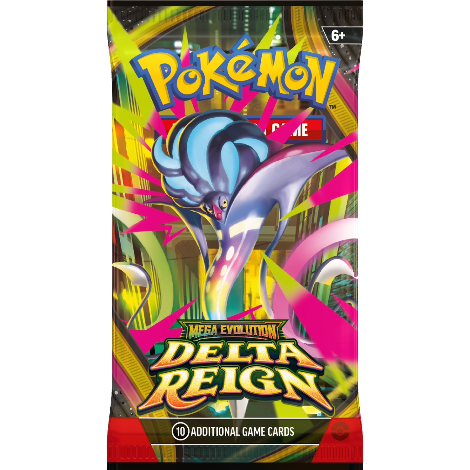 Een Pokémon Delta Reign boosterpack met Inkay tegen een levendige achtergrond.