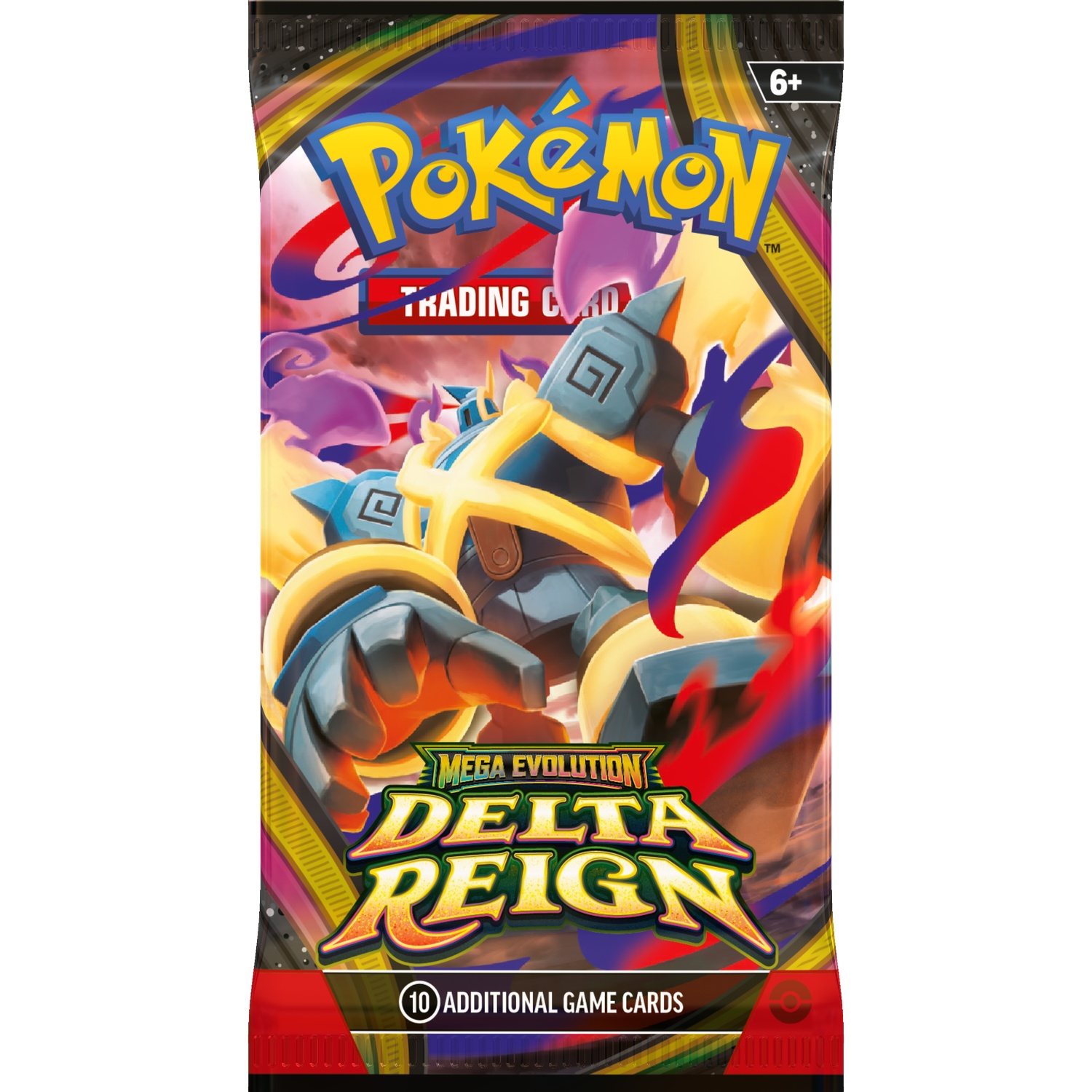 Een Pokémon Delta Reign boosterpack met een robotachtig wezen op kleurrijke achtergrond en 10 kaarten.