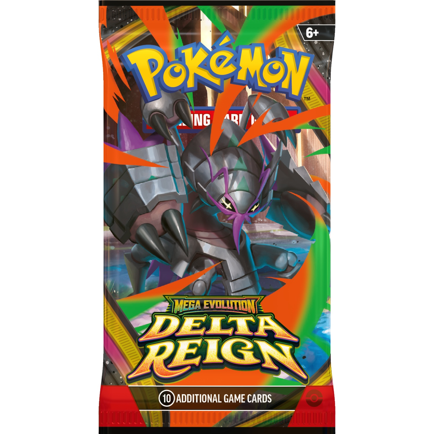 Pokemon Delta Reign boosterpack met Golisopod tegen een kleurrijke achtergrond.