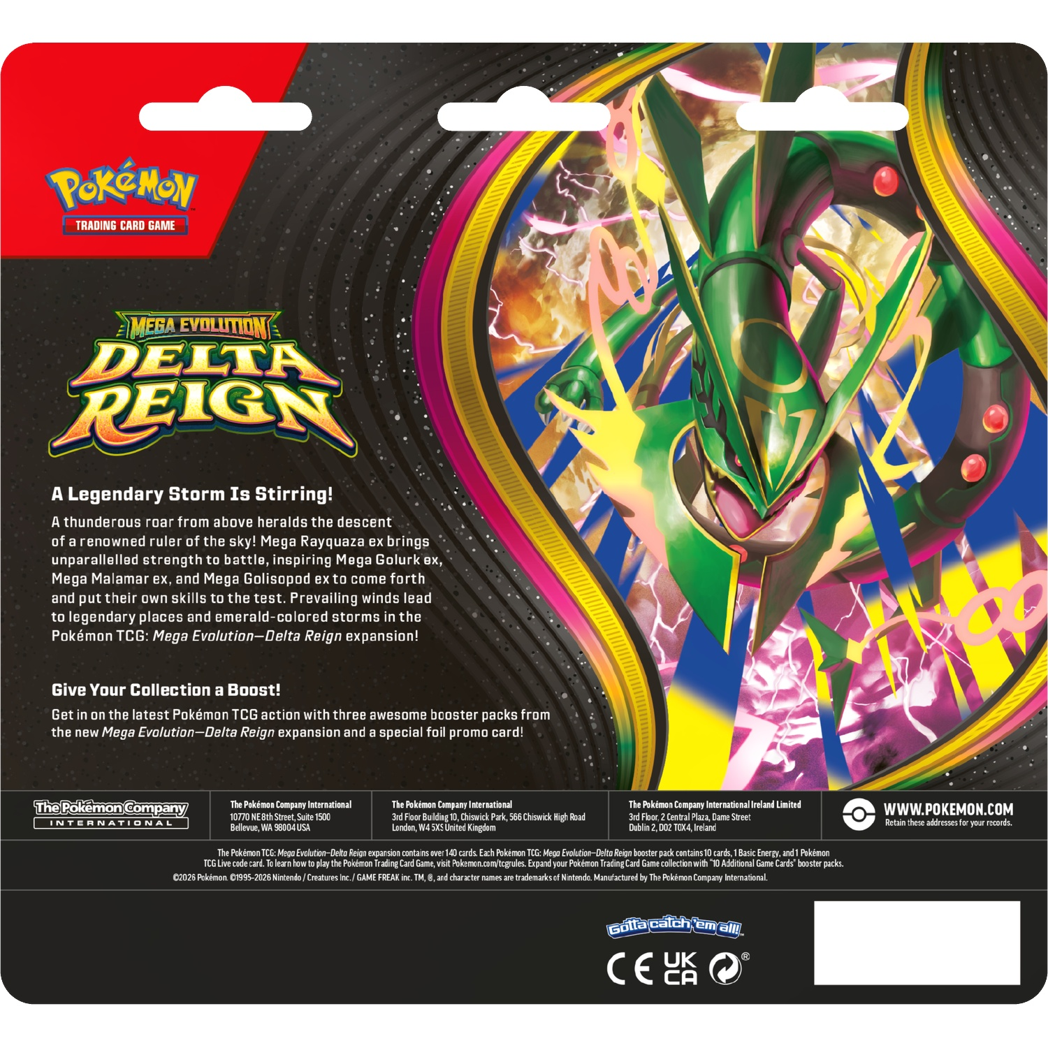 Achterkant van een Pokémon TCG Delta Reign verpakking met Rayquaza.