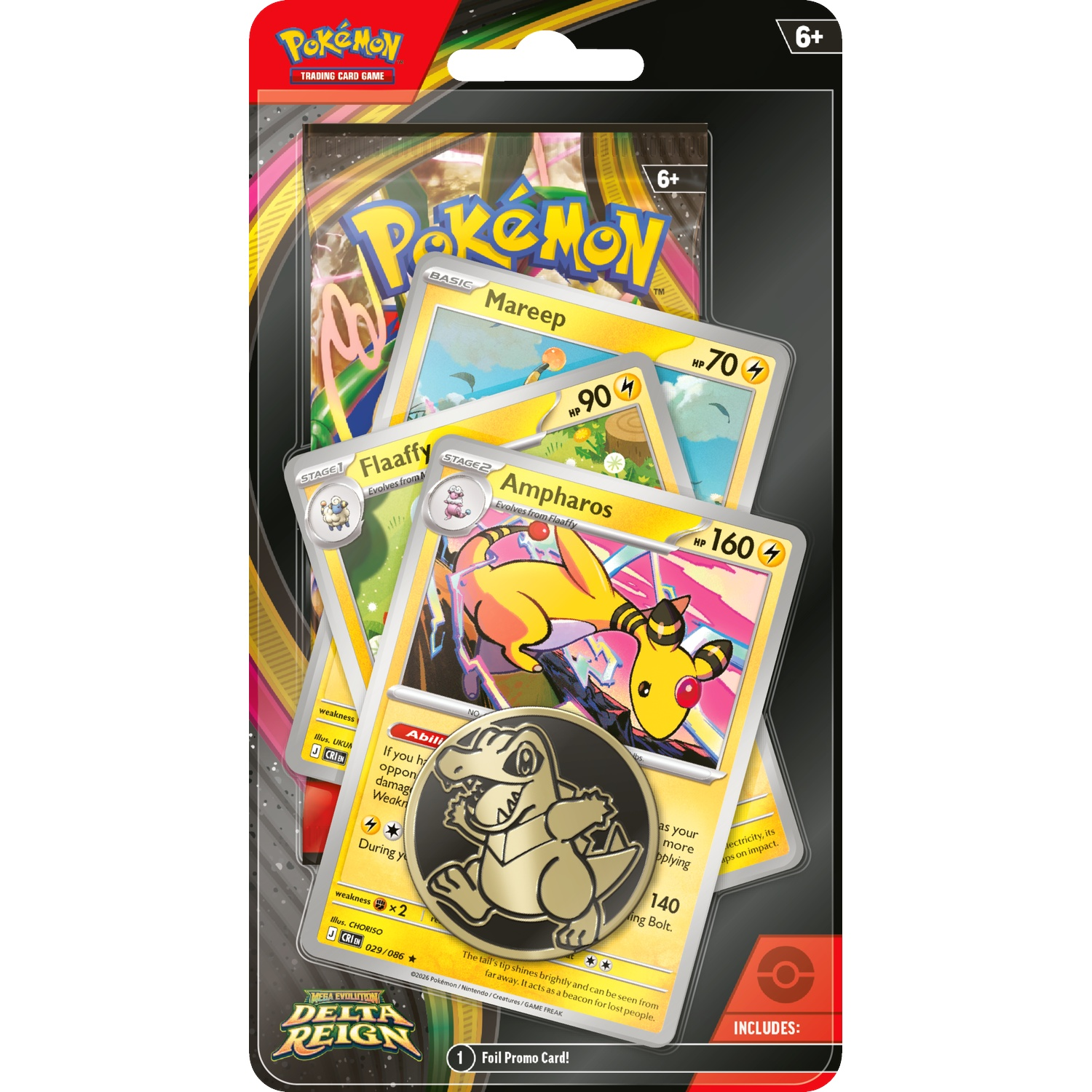 Pokemon TCG blisterverpakking met Ampharos, Flaaffy, Mareep kaarten en een Totodile verzamelmunt.