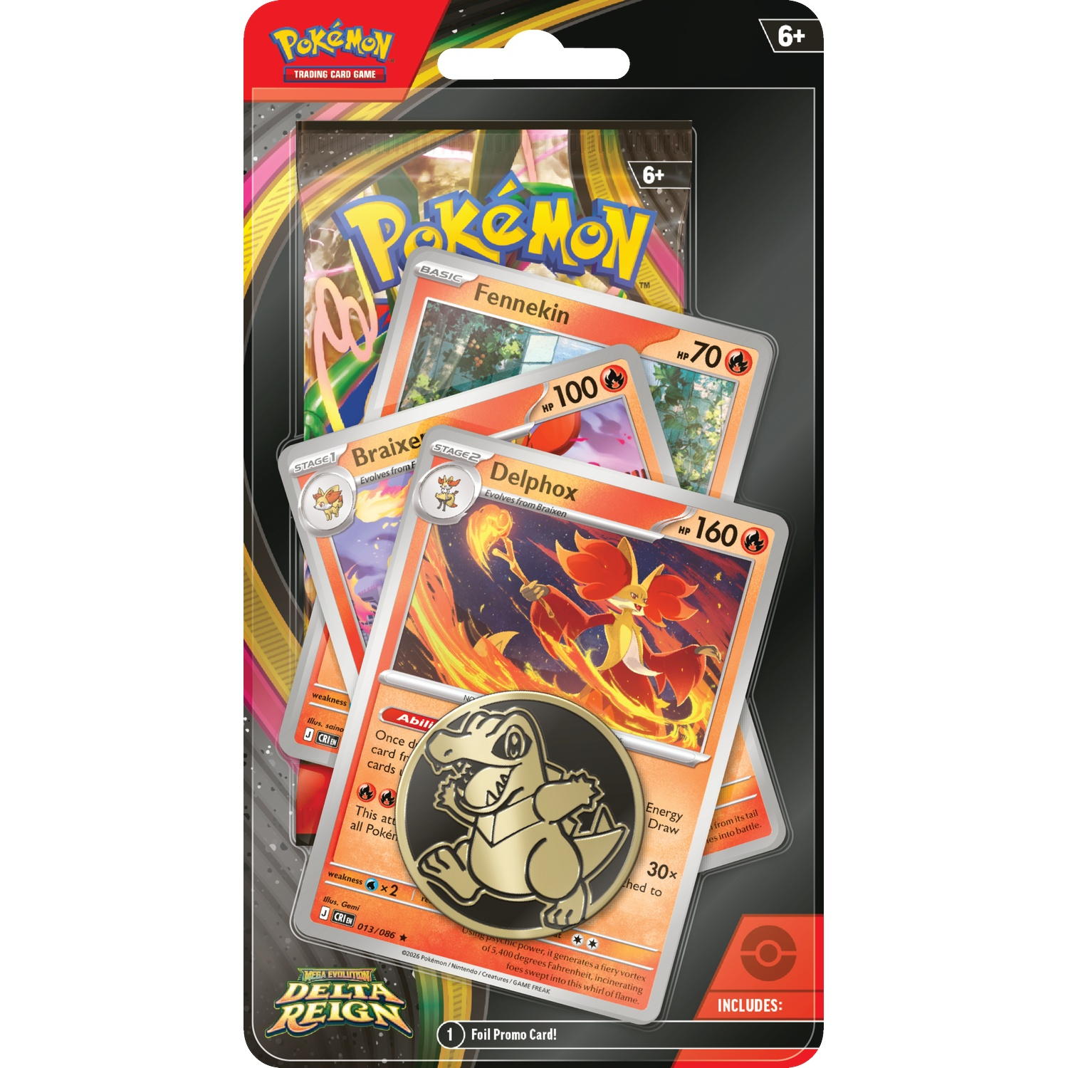 Pokémon Delta Reign blisterverpakking met drie vuurevolutiekaarten en een gouden metalen munt.
