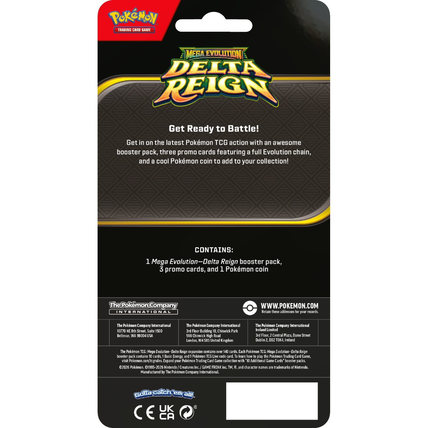 Achterkant van een Pokémon Delta Reign boosterpack met logo's en details over de inhoud.