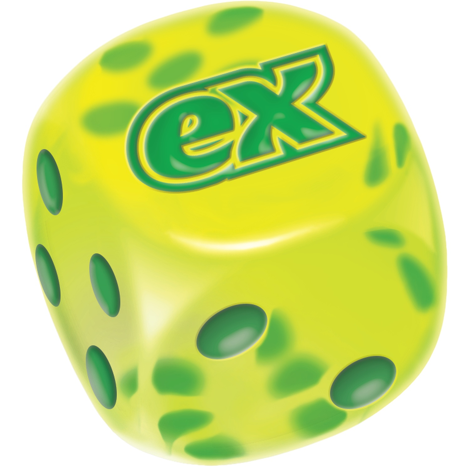 Een gele speldobbelsteen met groene stippen en het groene logo "eX" aan één kant.