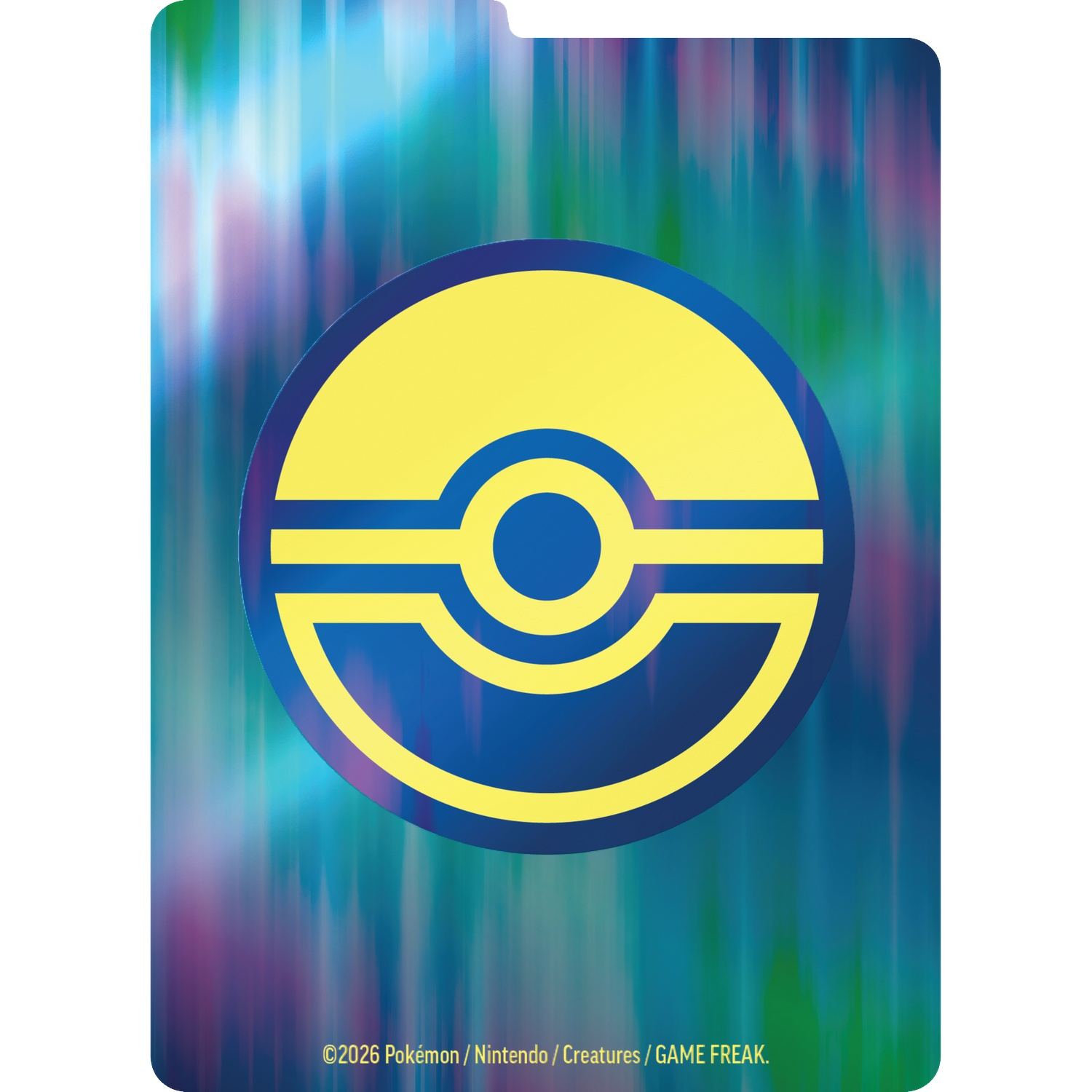 Een blauw-gele Pokébal-icoon tegen een wazige blauwe, groene en paarse achtergrond met copyrighttekst.