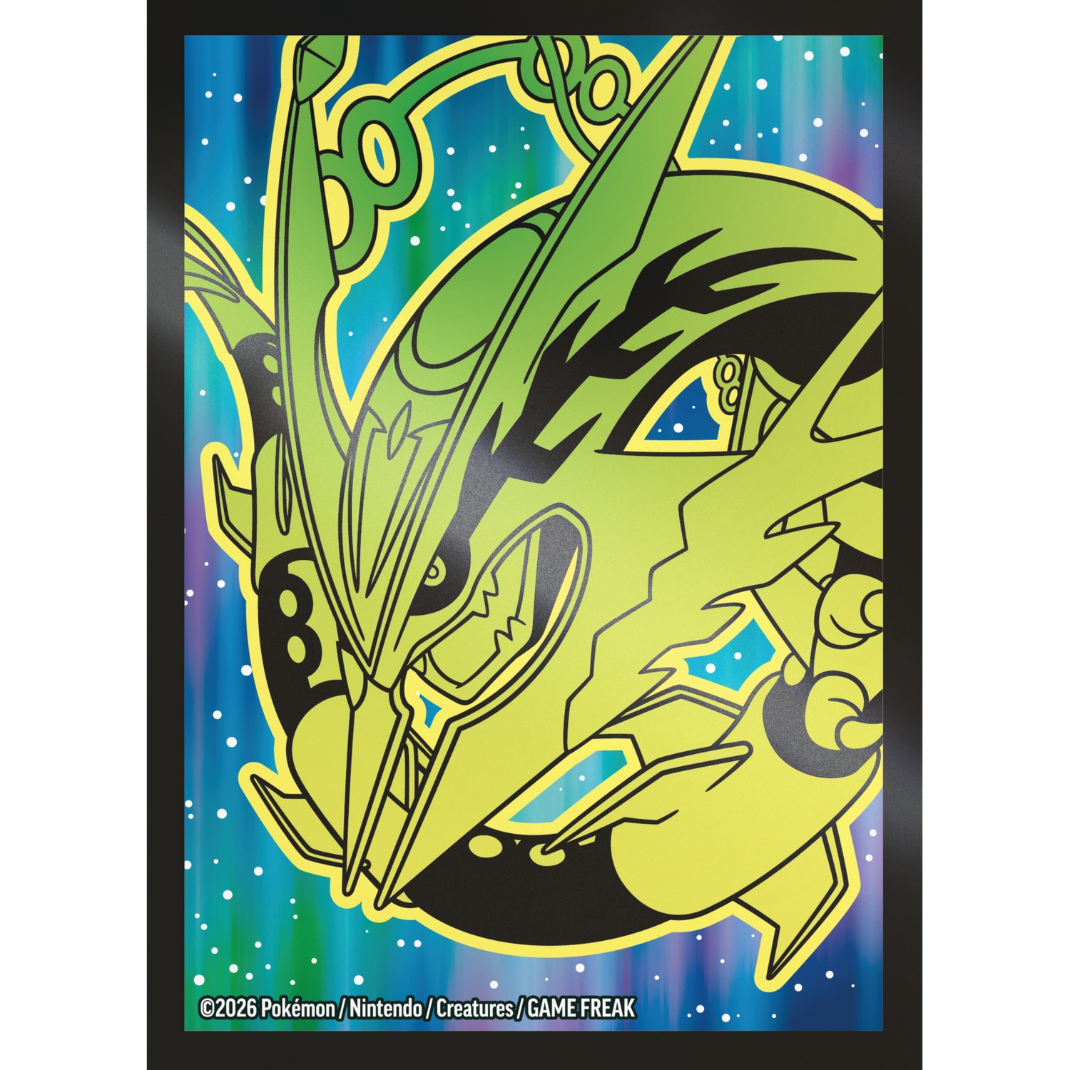 Groene Pokémon Rayquaza hoofd op blauwe achtergrond met witte stippen.
