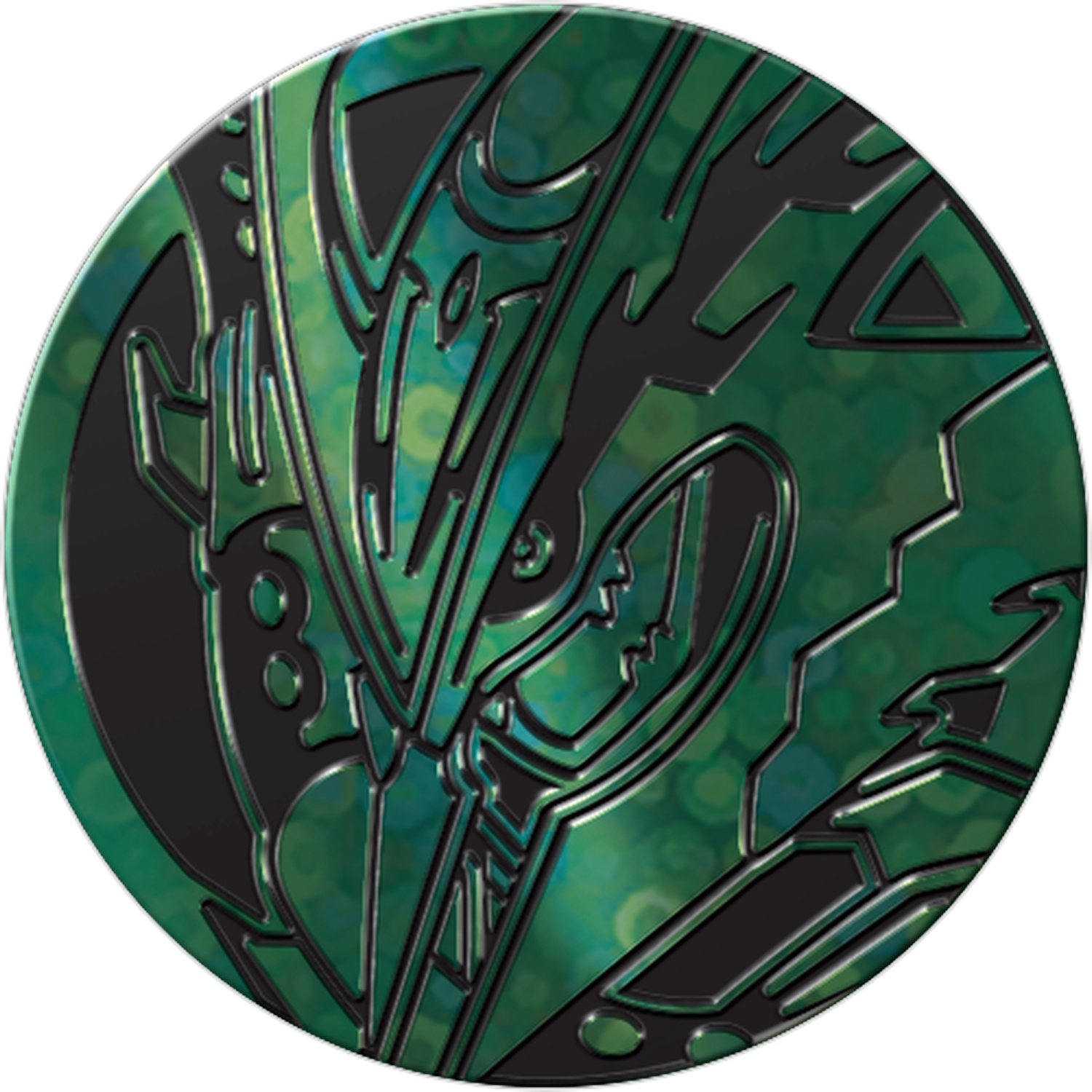 Een groene en zwarte munt met abstracte tribale patronen.
