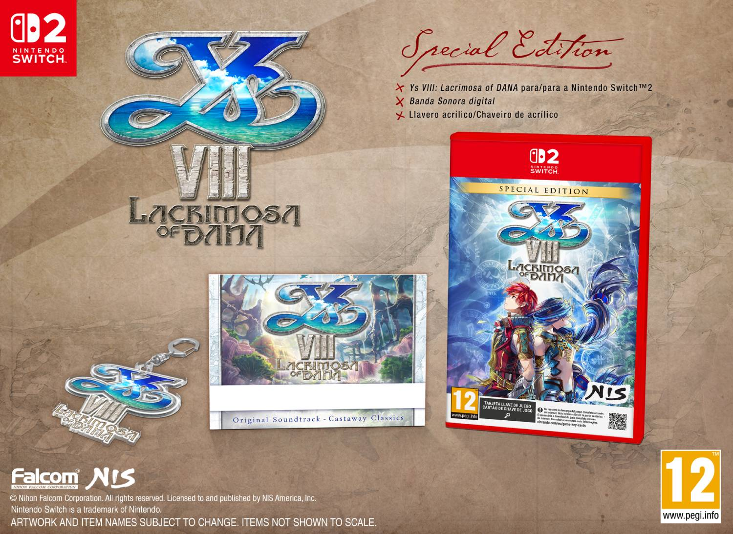 Ys VIII Edición Especial para Nintendo Switch con caja, banda sonora y llavero acrílico.
