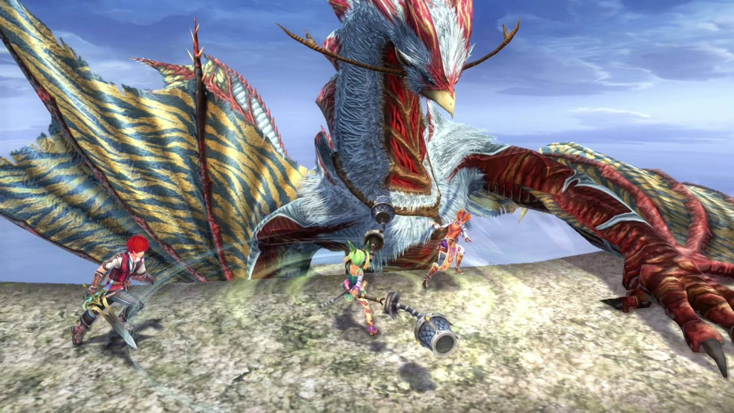 Tres héroes luchan contra un dragón gigante emplumado en un acantilado rocoso.