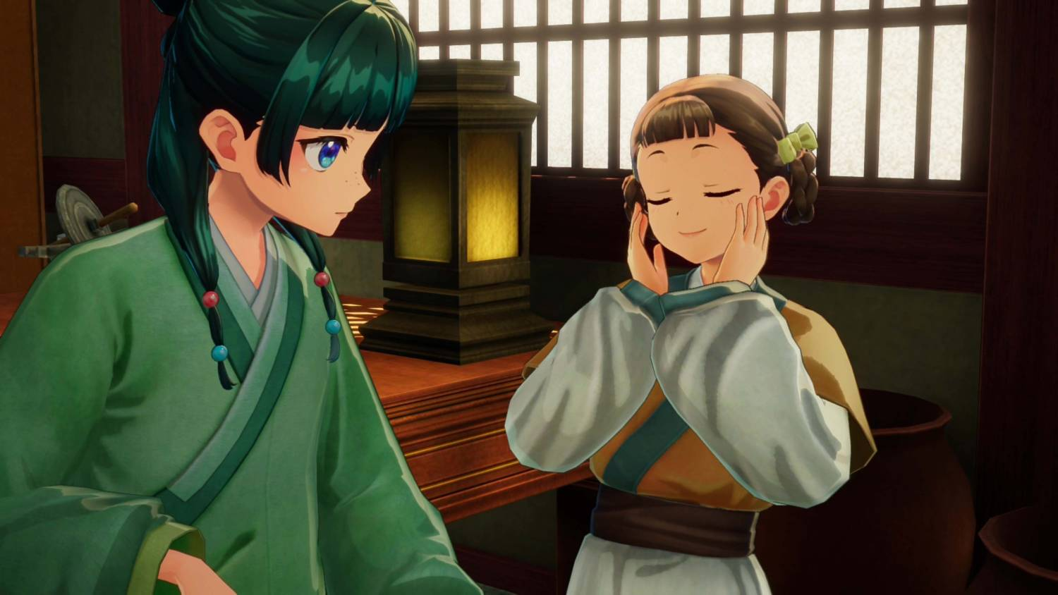 Dos chicas de anime con ropa tradicional dentro de una habitación con paredes de puertas shoji.