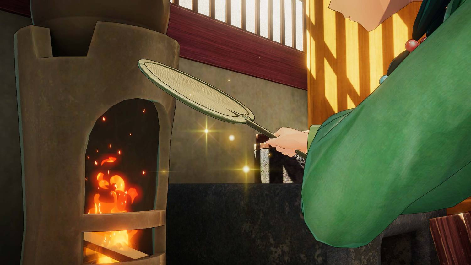 Un personaje de anime con traje verde sostiene un abanico cerca de una estufa de piedra con fuego.