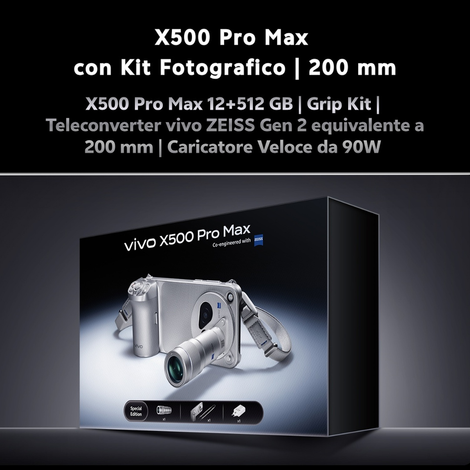 Scatola del kit fotografico vivo X500 Pro Max con fotocamera, teleobiettivo e accessori.
