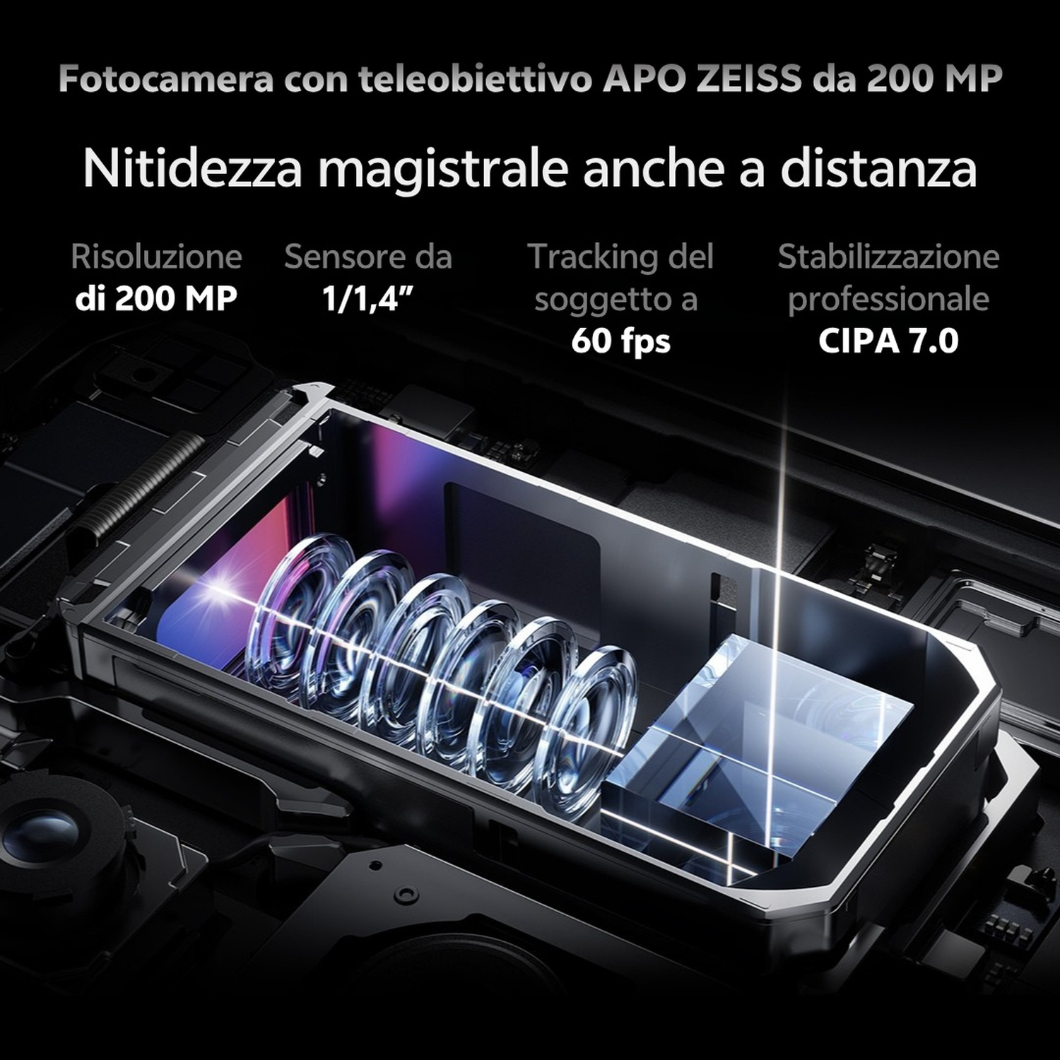 Primo piano di un teleobiettivo periscopico per smartphone con elementi in vetro multipli e un prisma.