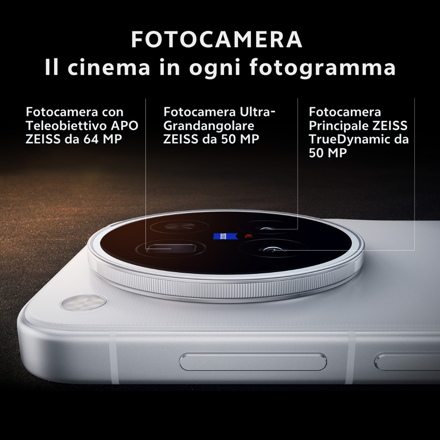 Retro dello smartphone con modulo fotografico circolare ZEISS a tre lenti e testi descrittivi.