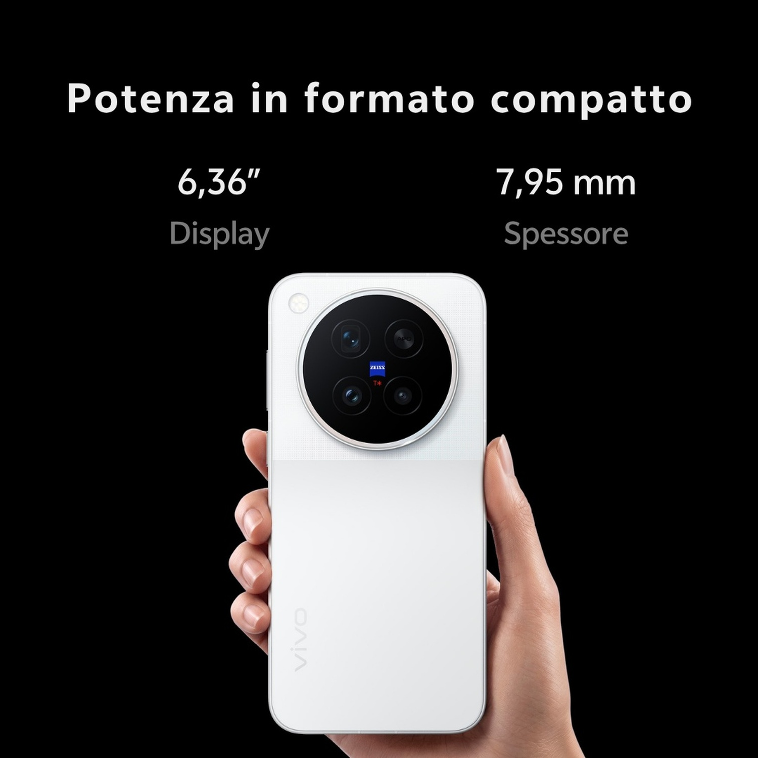 Mano che tiene uno smartphone bianco con grande modulo fotocamera rotondo, su sfondo nero con testo.