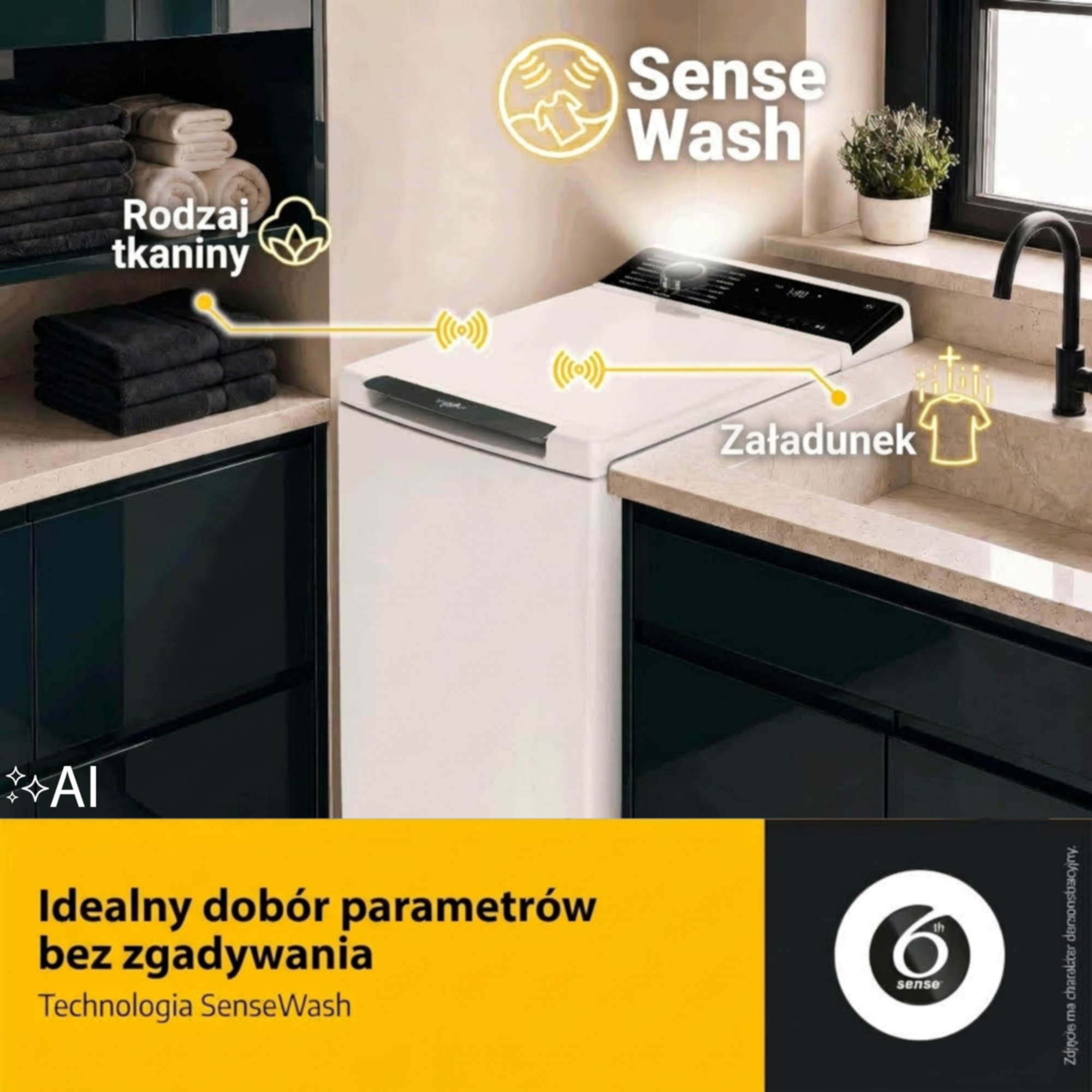 Pralka Sense Wash w nowoczesnej kuchni z nakładkami tekstowymi i ikonami.
