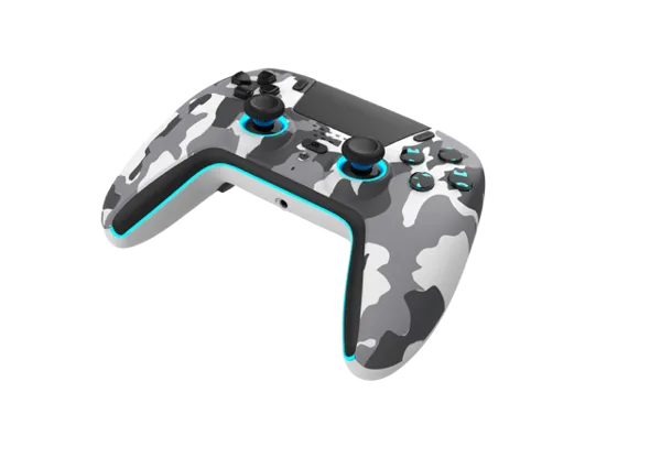 Ein weiß-grau camouflierter Gaming-Controller mit blauen LED-Akzenten auf schwarzem Hintergrund.