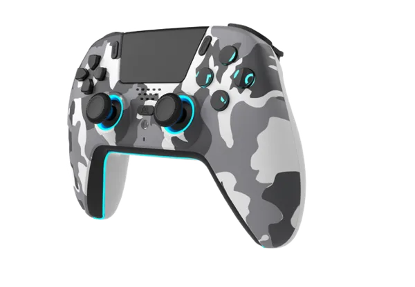 Ein weiß-grau camouflierter Gaming-Controller mit blauen Leuchtakzenten vor schwarzem Hintergrund.