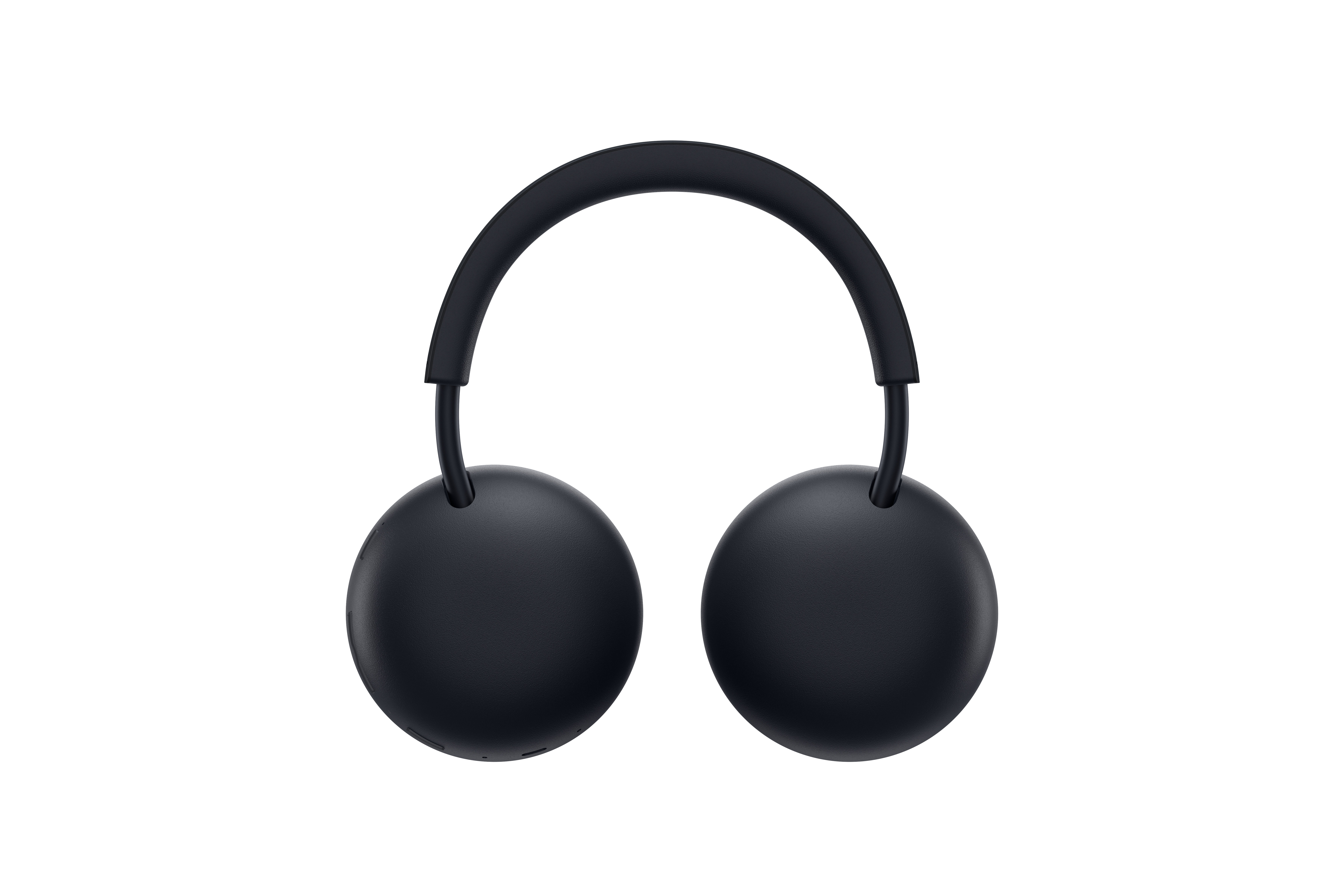 Schwarze Over-Ear-Kopfhörer mit rundem Design auf schwarzem Hintergrund.
