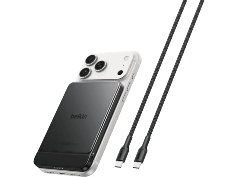 Powerbank - Belkin BPD024HQBK, 5000 mAh, 1x USB-C, BoostSolid Cell, Carga rápida inalámbrica Qi2 a 15 W, Negro