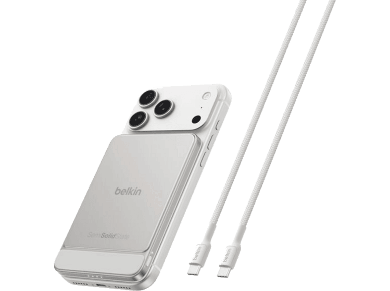 Powerbank - Belkin BPD024HQSA, 5000 mAh, 1x USB-C, BoostSolid Cell, Carga rápida inalámbrica Qi2 a 15 W, Arena