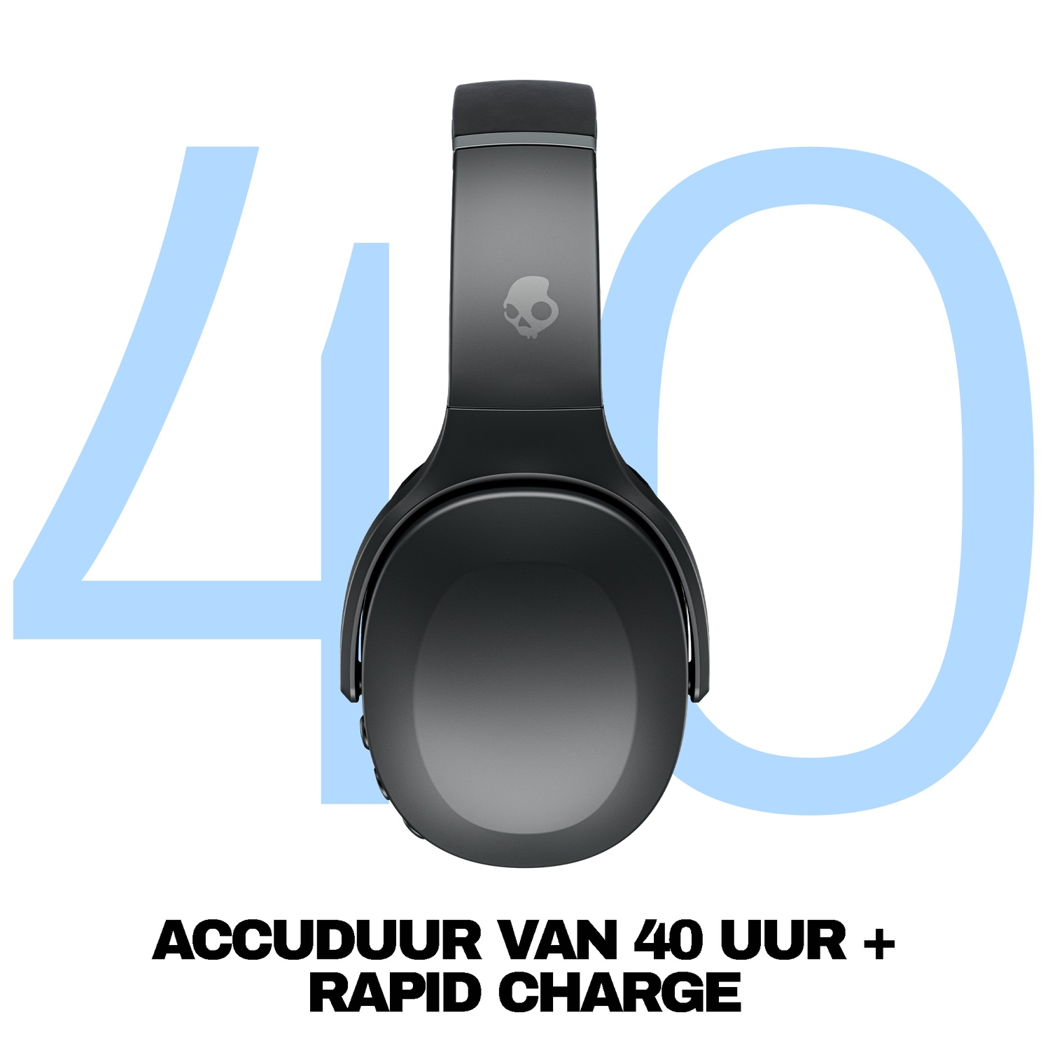 Zwarte koptelefoon voor een groot blauw getal 40 en tekst over 40 uur batterijduur.