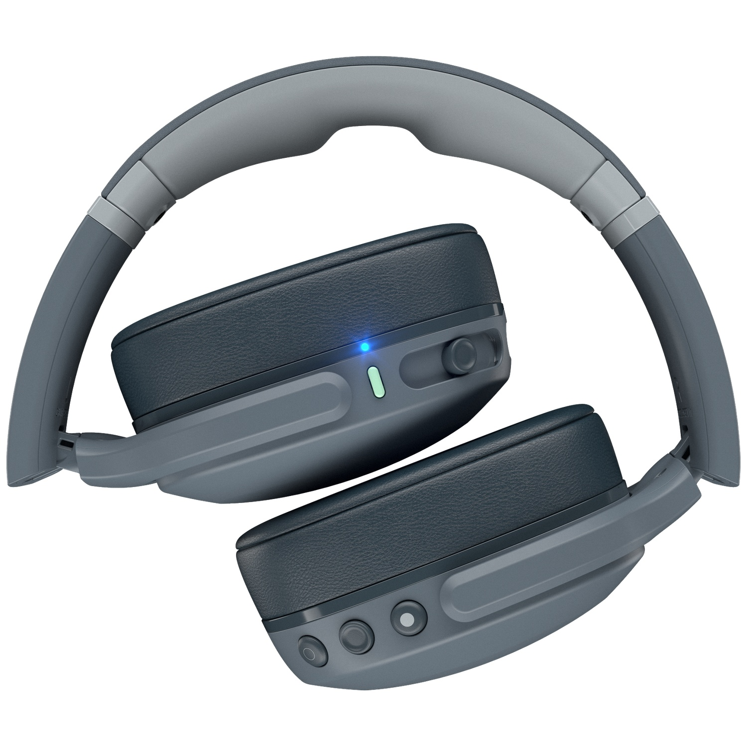 Grijze over-ear koptelefoon met schuine oorschelpen en geïntegreerde knoppen tegen een witte achtergrond.