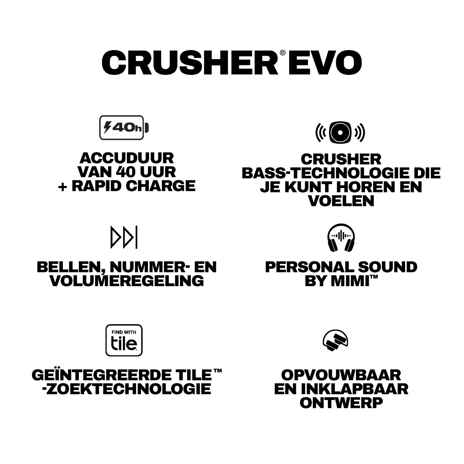 Infographic met Crusher Evo koptelefoonkenmerken in het Nederlands.