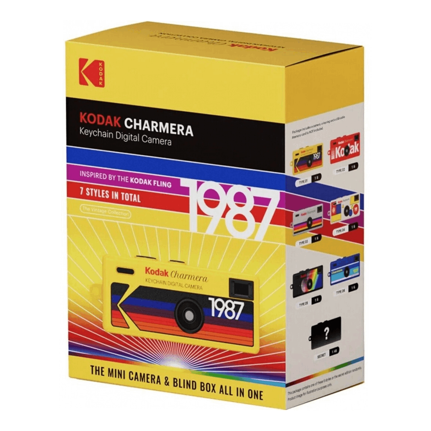 Caja de producto amarilla de la cámara digital Kodak Charmera con rayas de colores y texto 1987.