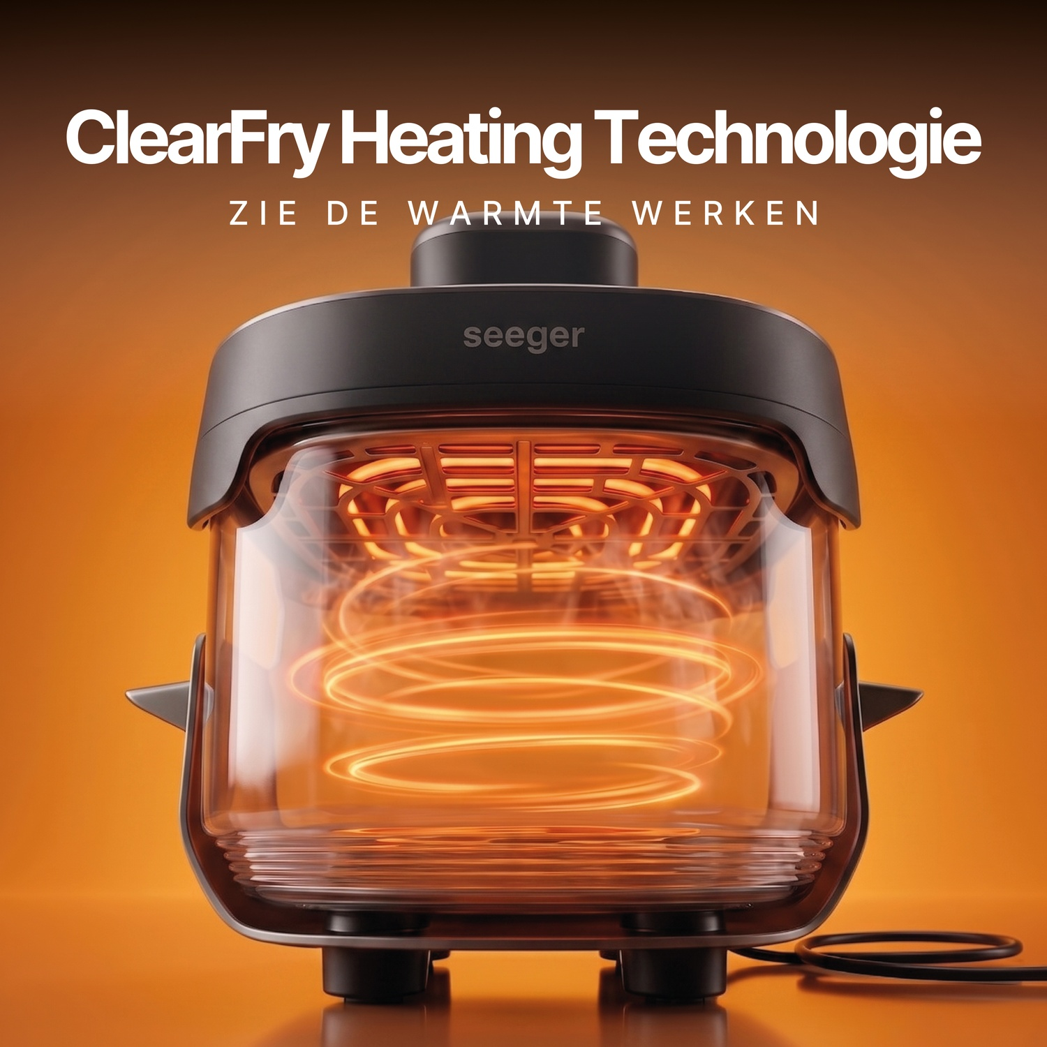 Een Seeger airfryer met gloeiende oranje verwarmingsspiralen tegen een oranje achtergrond.