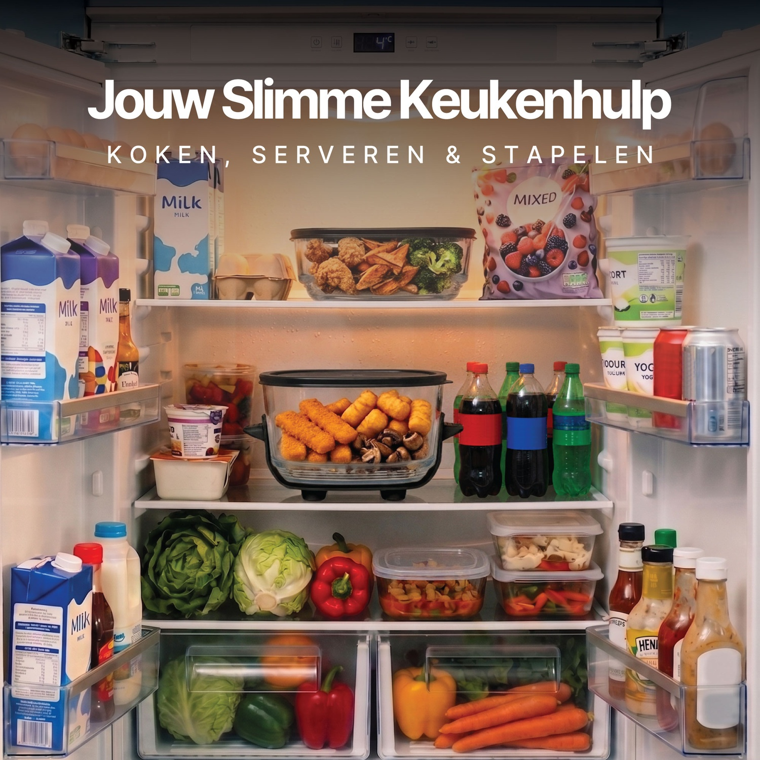 Een goed gevulde koelkast met eten, drinken en verse groenten, met Nederlandse promotekst.