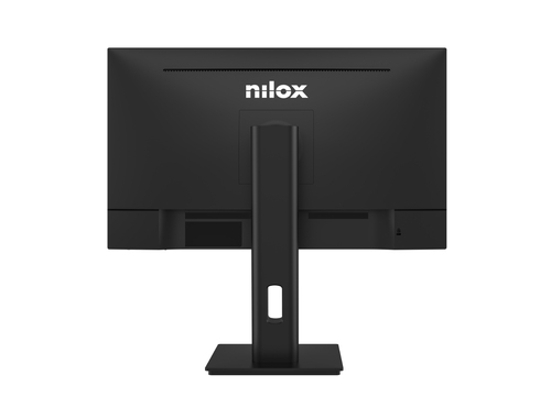 Vista trasera de un monitor de ordenador Nilox negro sobre soporte con fondo blanco.