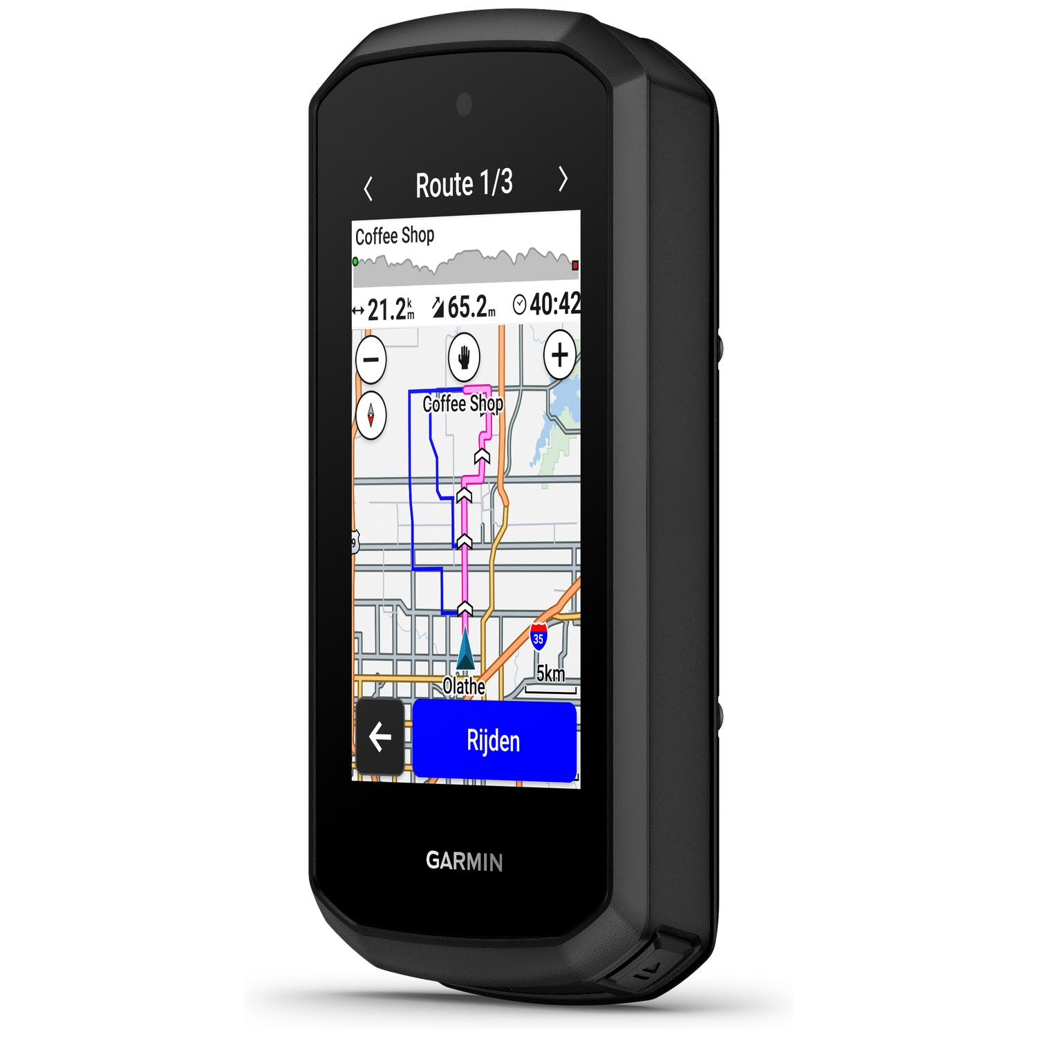 Garmin GPS-apparaat met zwarte behuizing en touchscreen met een fietsroute.
