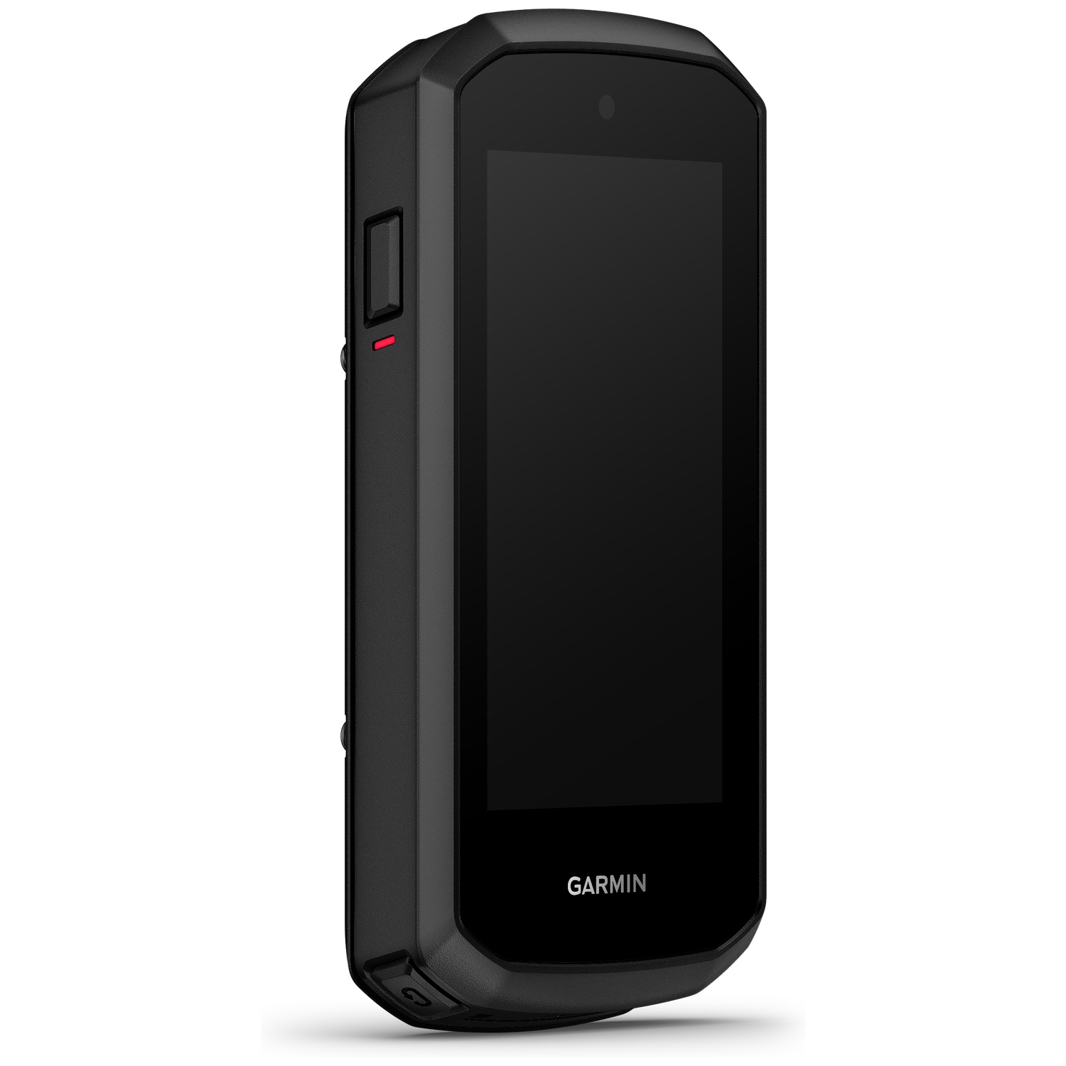 Een zwart Garmin-apparaat met verticaal scherm en zijknoppen op een witte achtergrond.