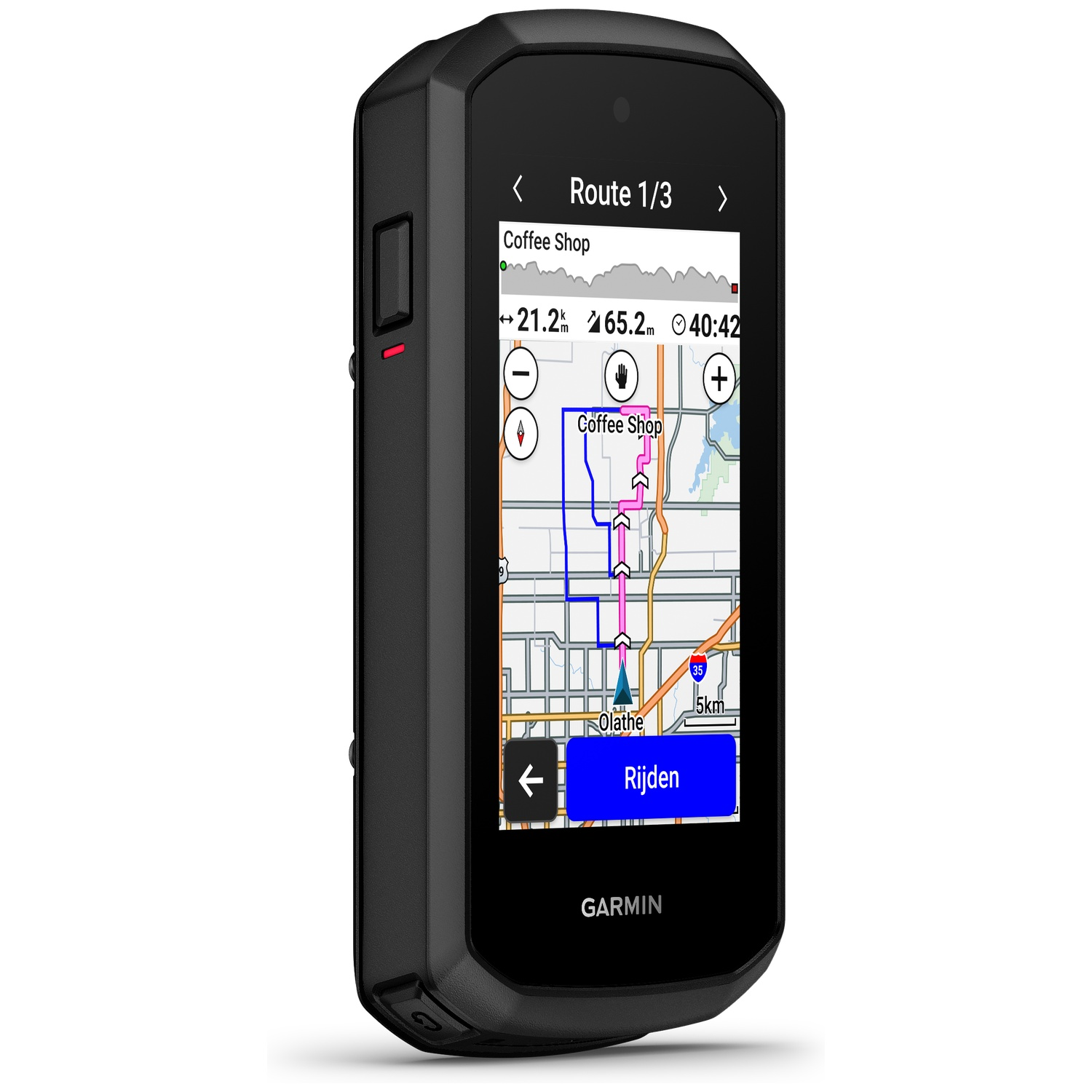 Zwart Garmin GPS-apparaat met een digitale kaart en routenavigatie op het scherm.