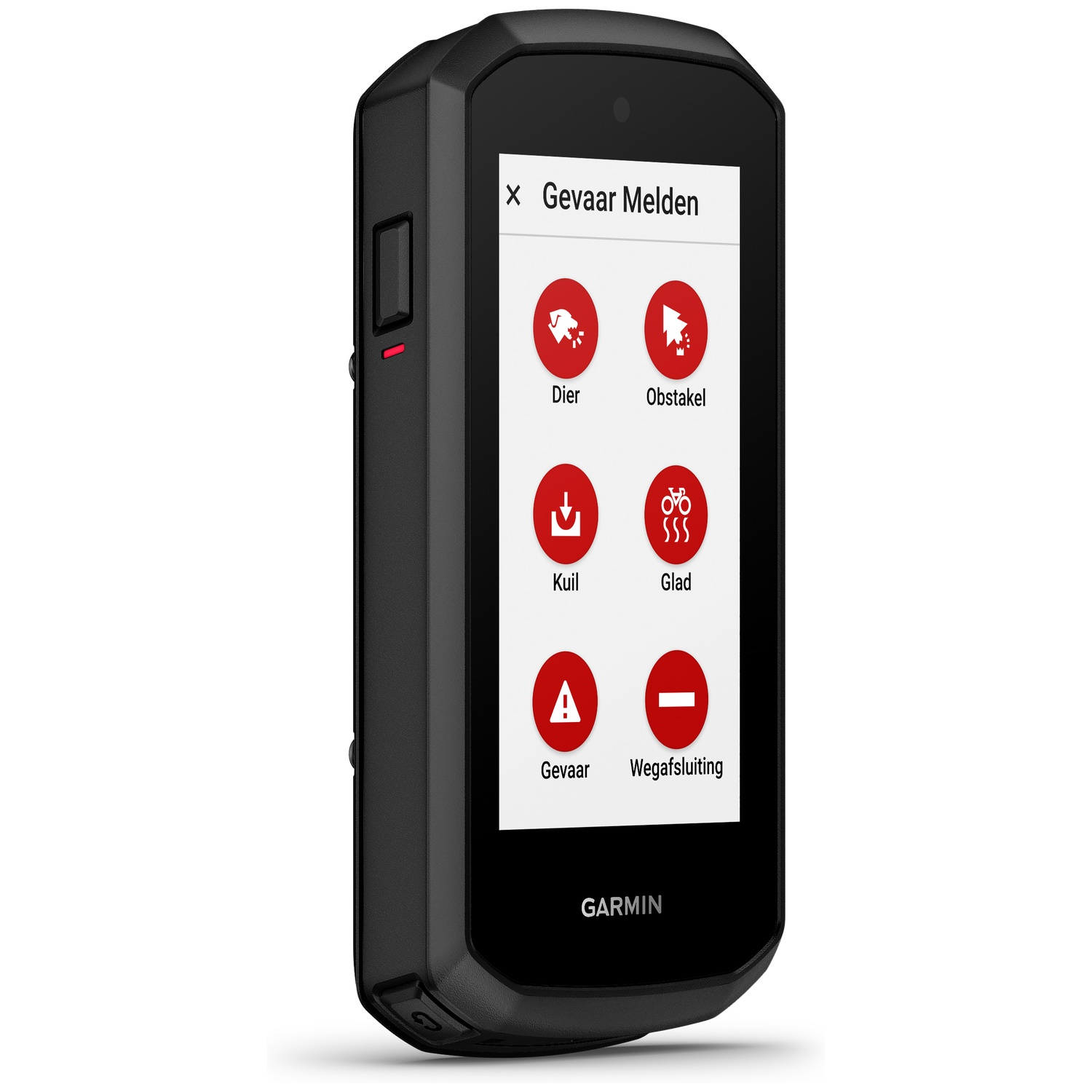 Zwart Garmin GPS-apparaat met een gevarenmeldingsmenu op het touchscreen.