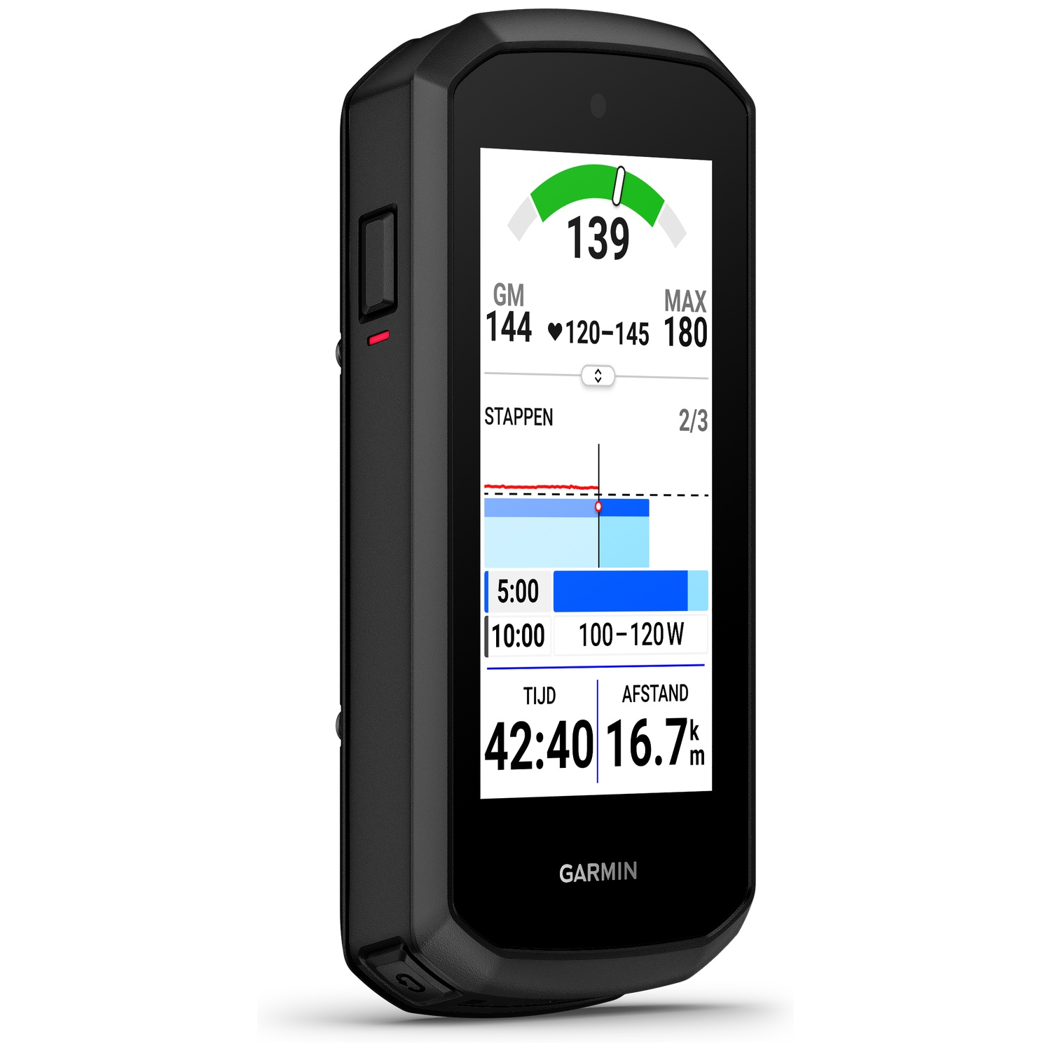 Garmin GPS-apparaat met zwarte behuizing en kleurenscherm dat gegevens zoals hartslag, tijd en afstand weergeeft.