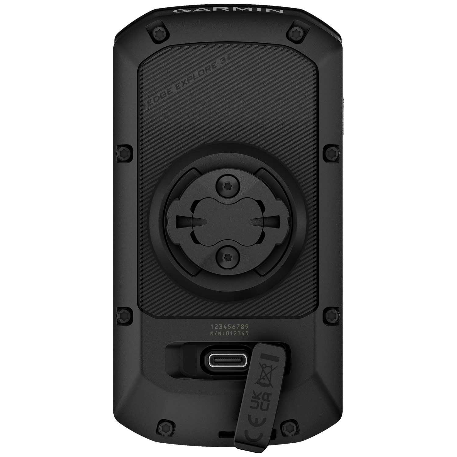 Achterkant van een zwart Garmin Edge GPS-apparaat met houder, USB-C-poort en zichtbare schroeven.