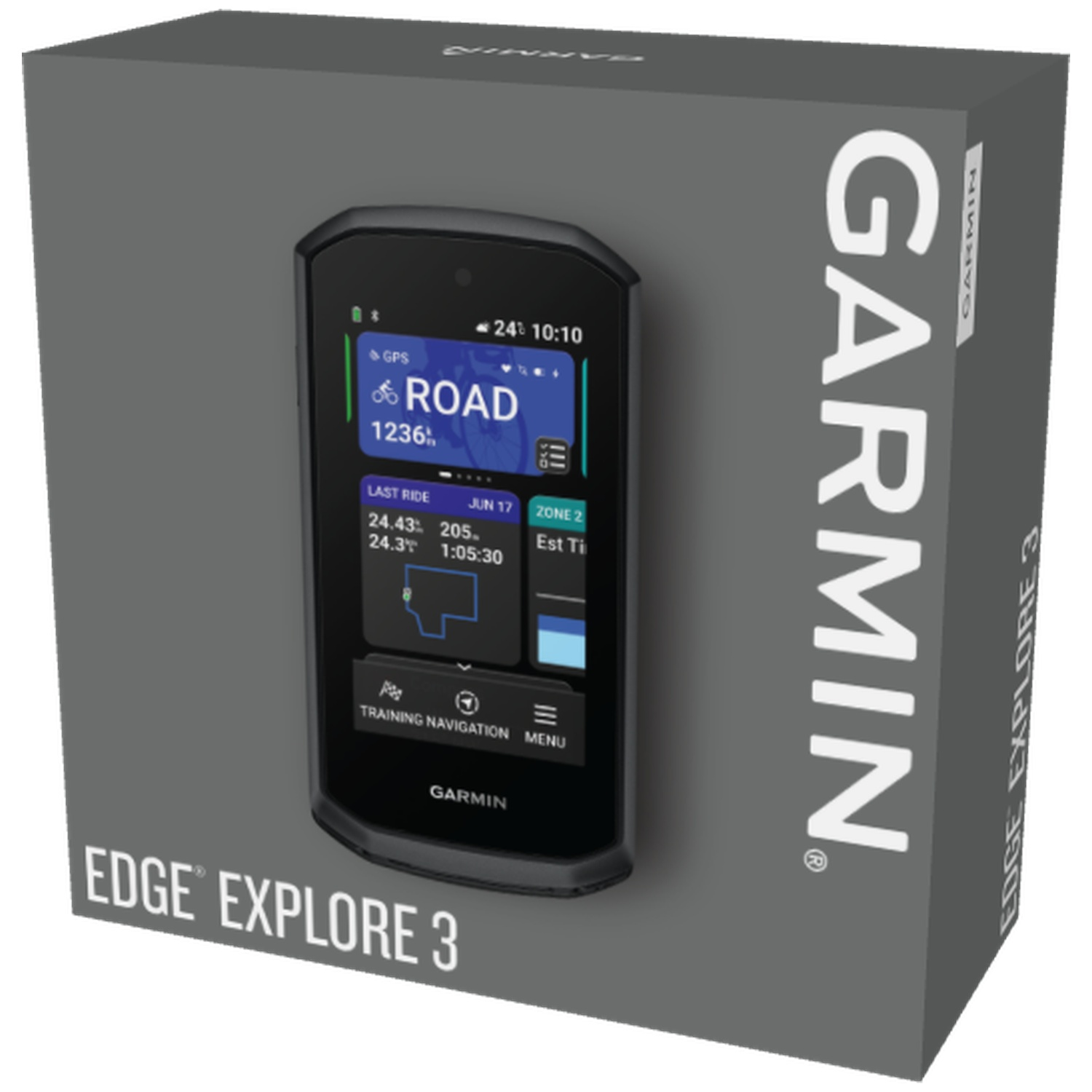 Grijze Garmin Edge Explore 3 doos met een afbeelding van de fietscomputerop de voorkant.