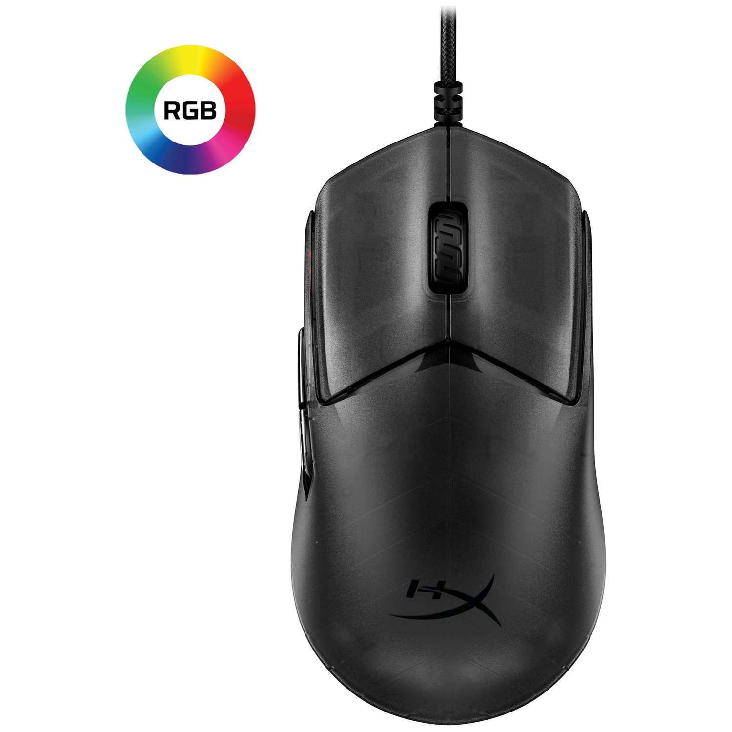 Souris de jeu noire filaire HyperX avec molette de défilement et icône de roue chromatique RGB sur fond blanc.