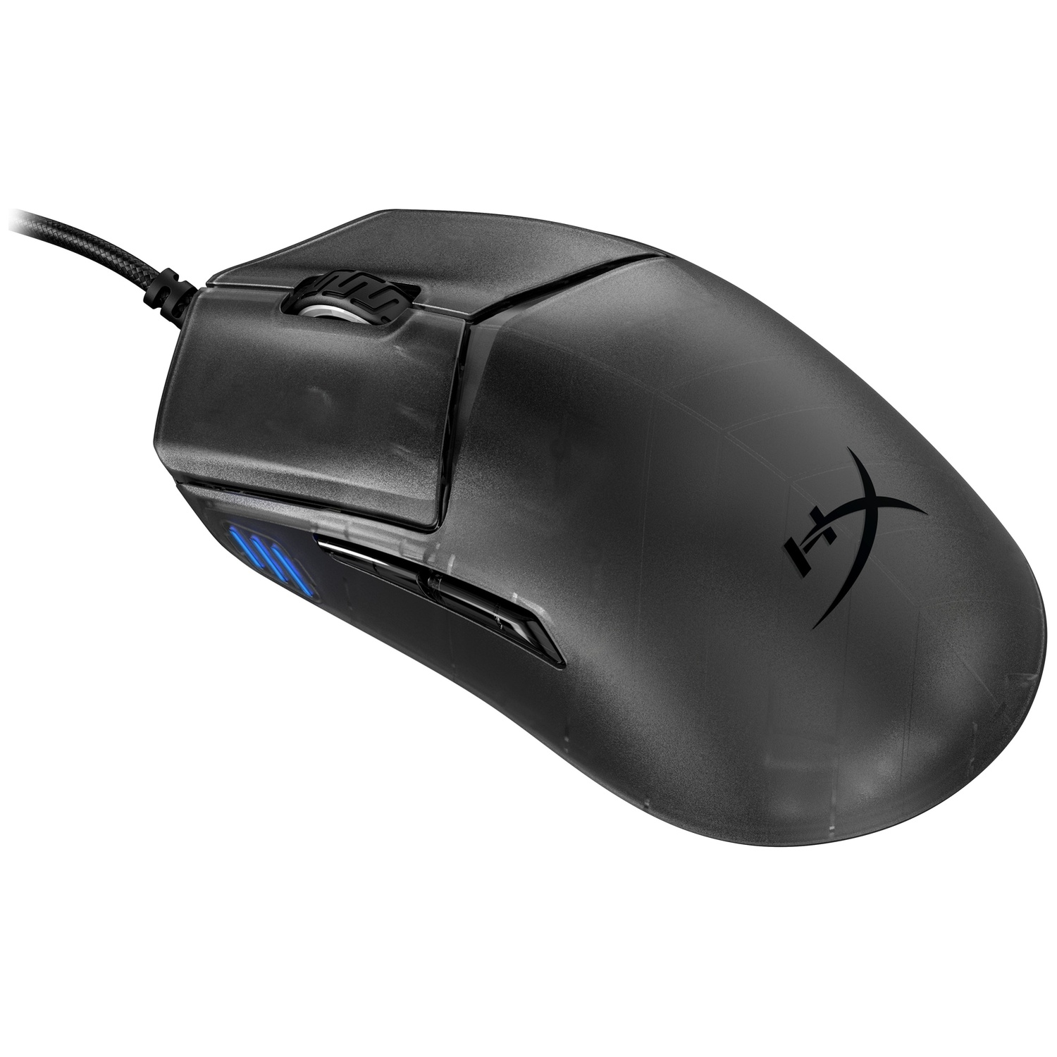 Souris de jeu filaire HyperX noire avec molette et accents LED bleus sur fond blanc.