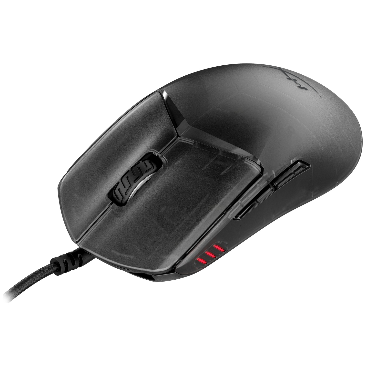 Une souris de jeu noire filaire avec des accents translucides, une roulette et des voyants LED rouges.
