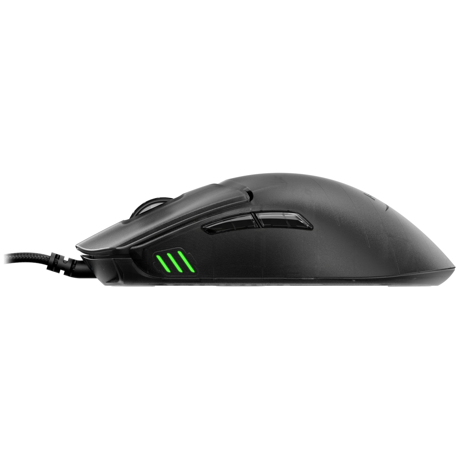 Vue latérale d'une souris de jeu filaire noire avec des lumières LED vertes, isolée sur fond blanc.