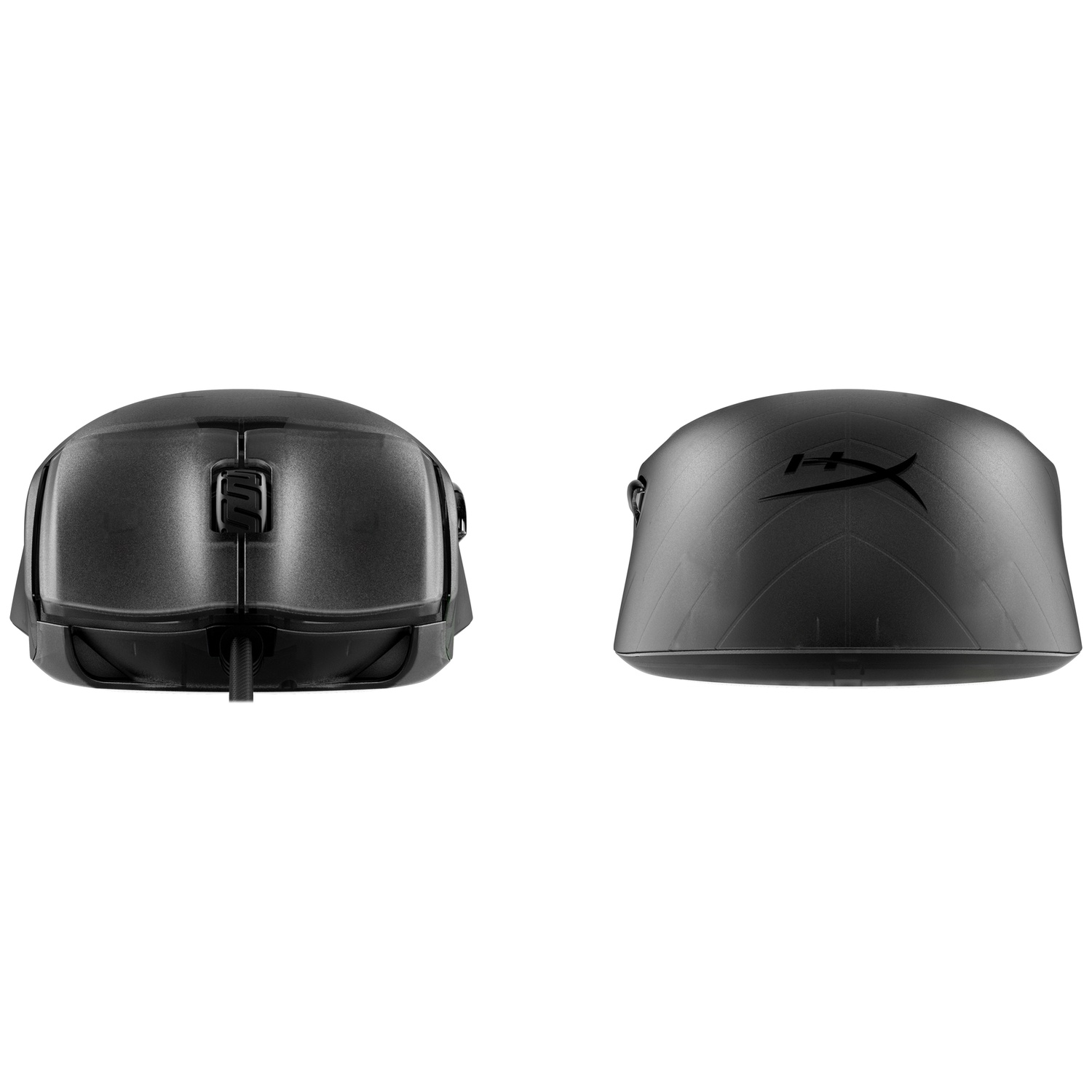 Vue avant et arrière d'une souris de jeu HyperX noire sur fond blanc.