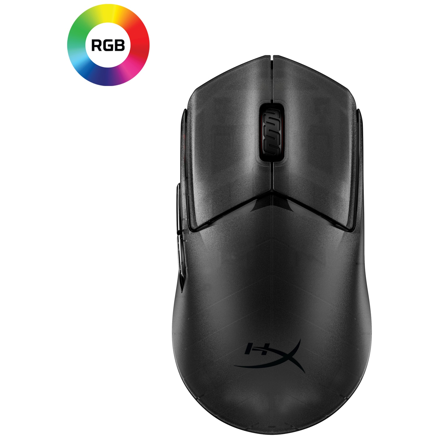 Souris de jeu noire HyperX avec molette de défilement et logo RGB sur fond blanc.