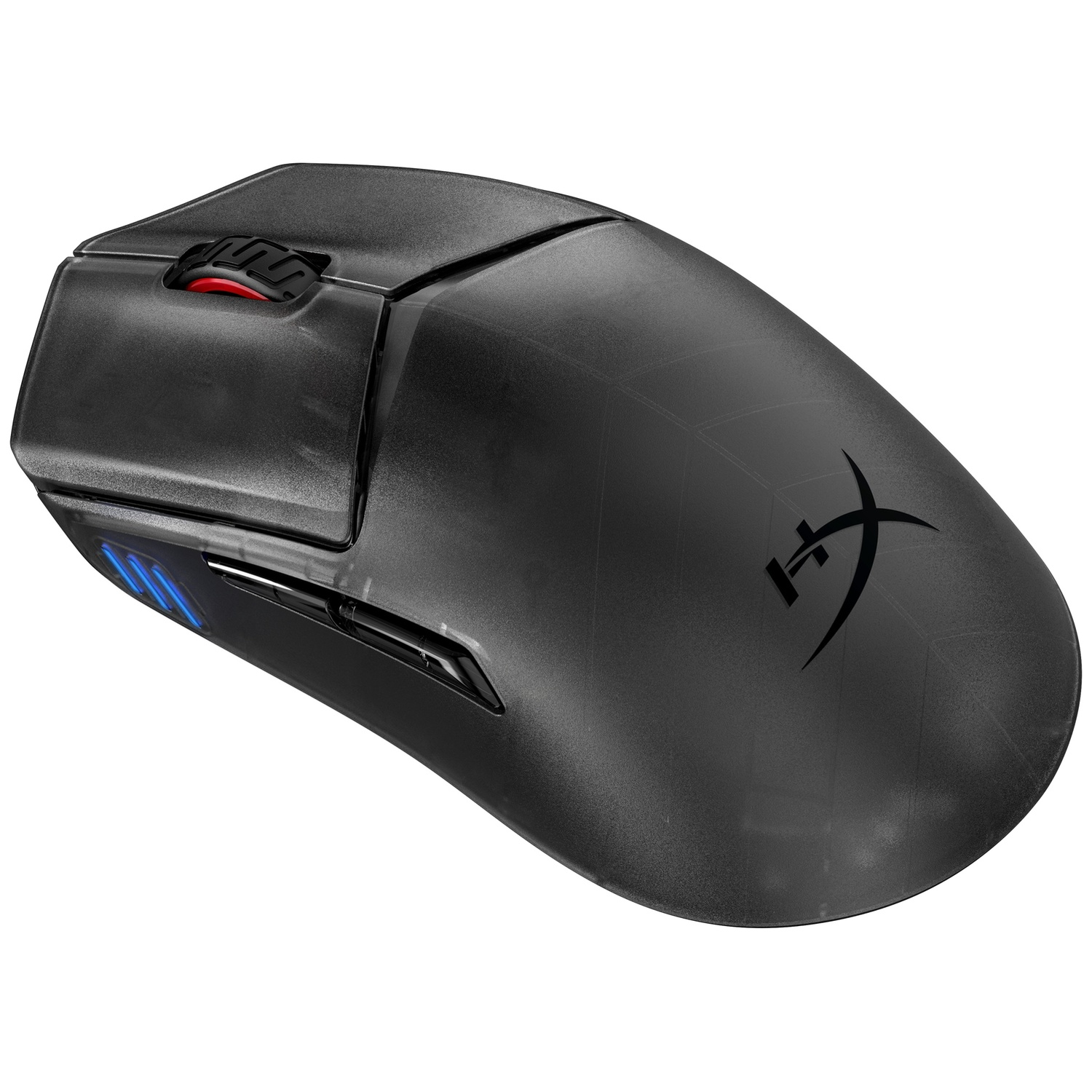 Souris de jeu sans fil noire avec des accents rouges et une lumière bleue latérale sur fond blanc.