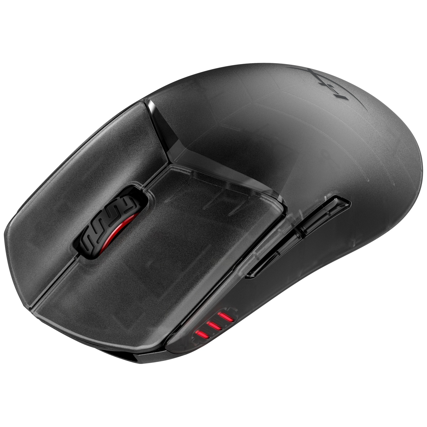 Souris de jeu sans fil noire avec éclairage rouge de la molette et boutons latéraux.