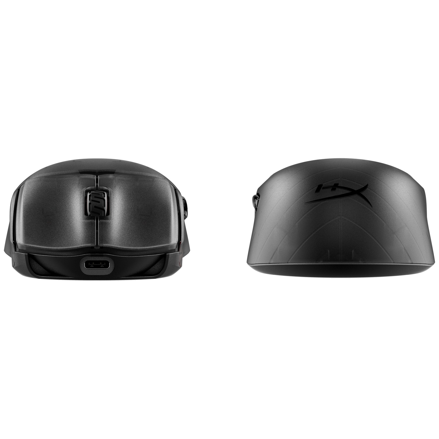 Vue avant et arrière d'une souris de jeu sans fil noire avec un logo.