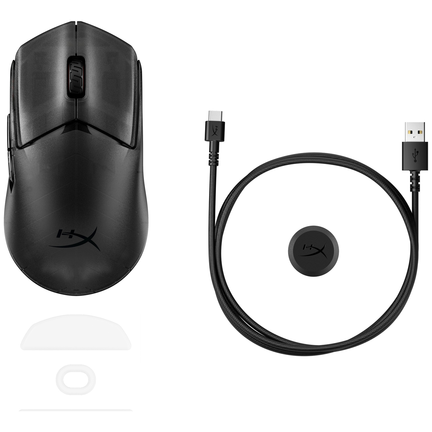 Souris de jeu sans fil noire avec câble USB-C, récepteur et accessoires sur fond blanc.