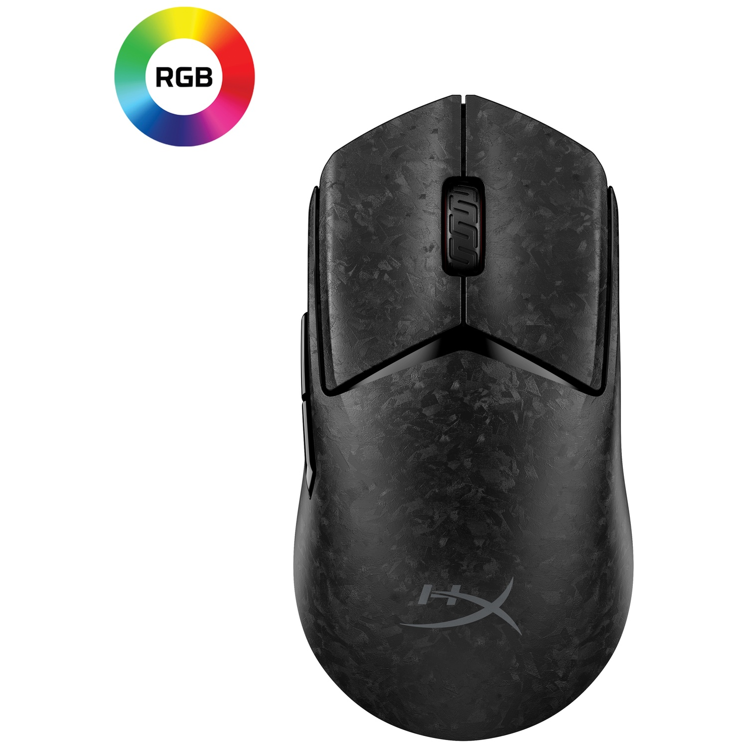 Souris de jeu HyperX noire avec motif en fibre de carbone et icône RGB en haut à gauche sur fond blanc.